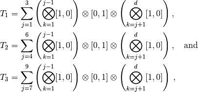 T_1&=\sum_{j=1}^3
\left(\bigotimes_{k=1}^{j-1}[1,0]\right)
\otimes [0,1]  \otimes
\left(\bigotimes_{k=j+1}^{d}[1,0]\right),\\
T_2&=\sum_{j=4}^6
\left(\bigotimes_{k=1}^{j-1}[1,0]\right)
\otimes [0,1]  \otimes
\left(\bigotimes_{k=j+1}^{d}[1,0]\right),\quad\text{and}\\
T_3&=\sum_{j=7}^9
\left(\bigotimes_{k=1}^{j-1}[1,0]\right)
\otimes [0,1]  \otimes
\left(\bigotimes_{k=j+1}^{d}[1,0]\right)\,,